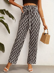  Geometric & Striped Print High Rise Wide Leg Pants With Belt
