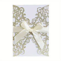 10pcs Glitter Paper Laser Cut Wedding Invitation Card Customize Card With Ribbon