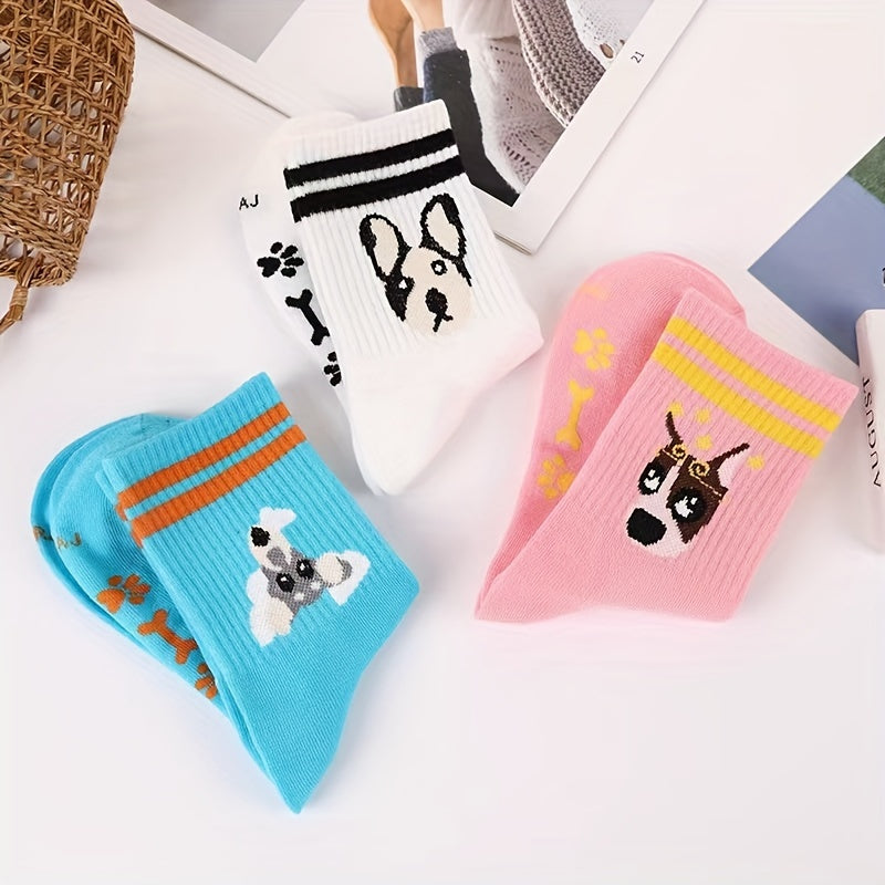 3 Pairs Cartoon Dog Print Socks Striped Crew Socks Women's Stockings