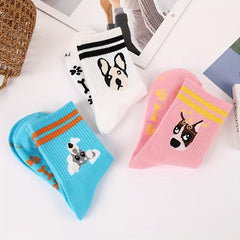 3 Pairs Cartoon Dog Print Socks Striped Crew Socks Women's Stockings