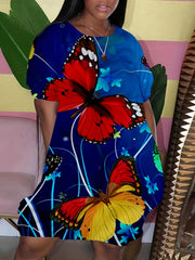  Butterfly Print Round Neck Dress