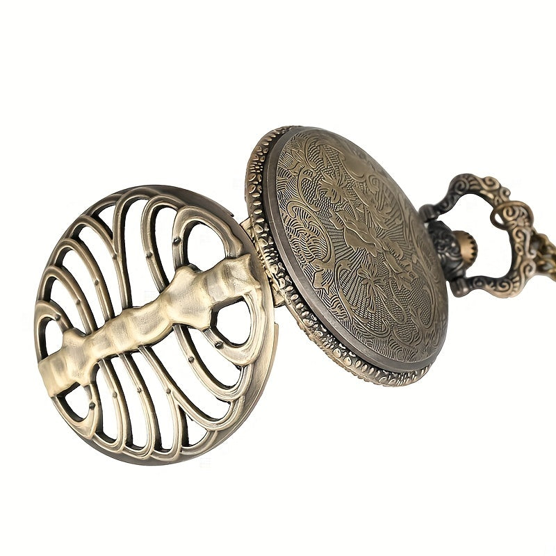 Vintage Hollow Skeleton Pocket Watch Large Dial Quartz Thin Chain Men