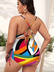  Allover Print Lace Up Crisscross Back One Piece Swimsuit