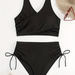  Solid Surplice Neck Crop Tank Top & Panty Swimsuit Set