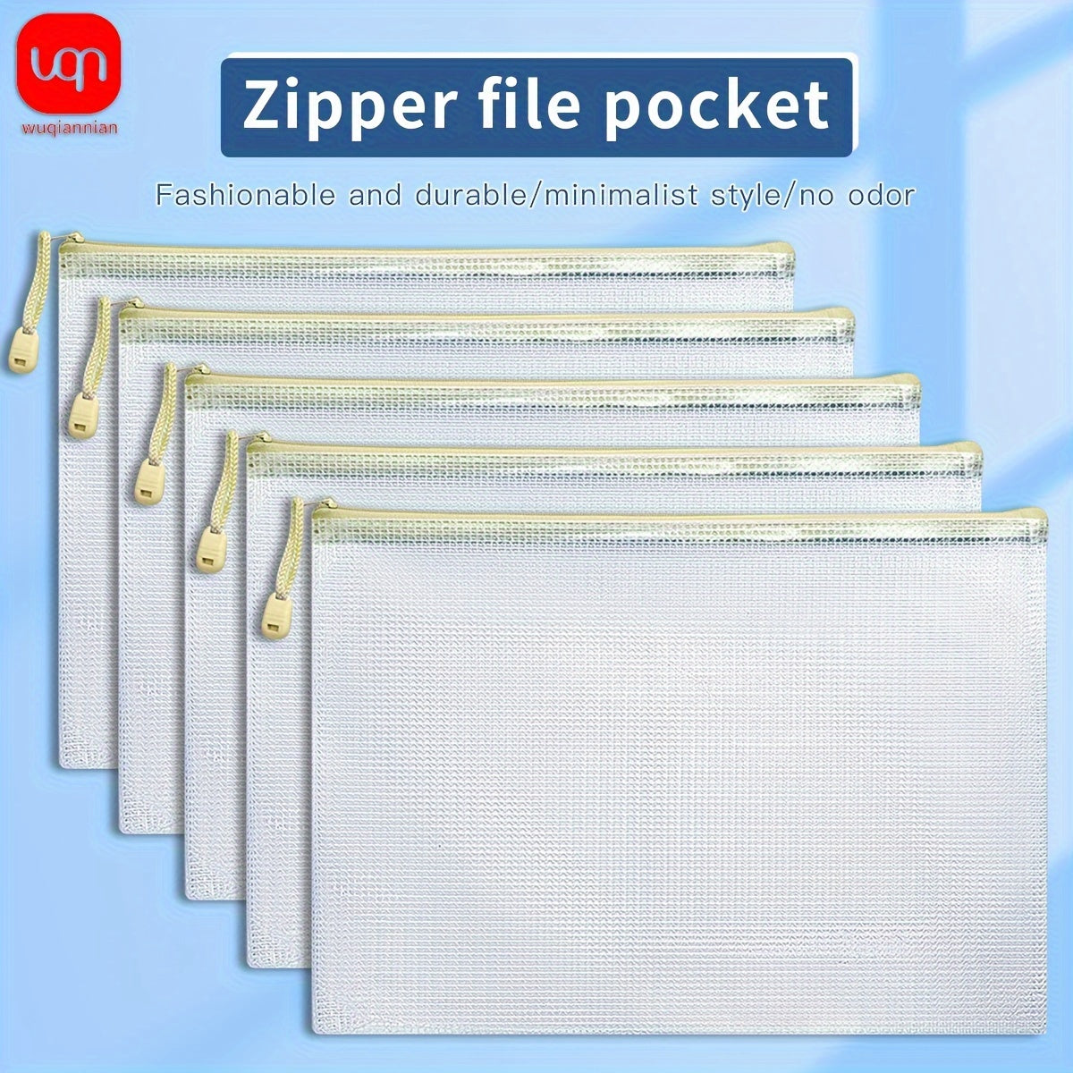 100pcs Mesh Zipper Bags Waterproof File Folders Beige File Bags