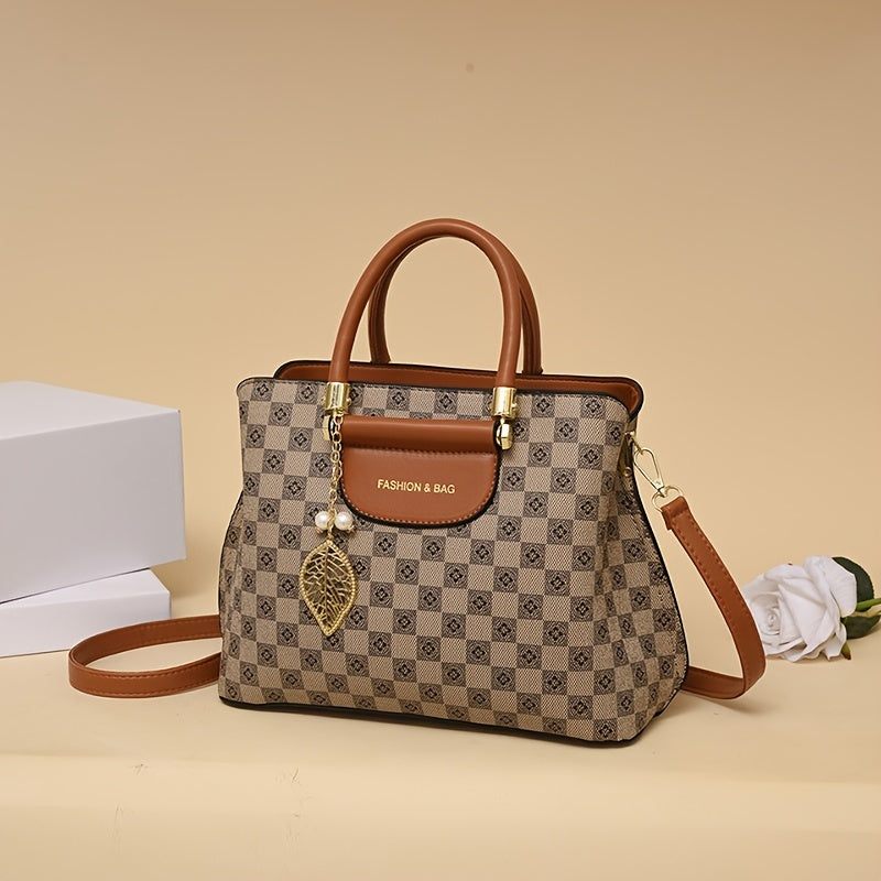 Plaid Satchel Bag Metal Leaf Decor Handbag Zipper Shoulder Purse