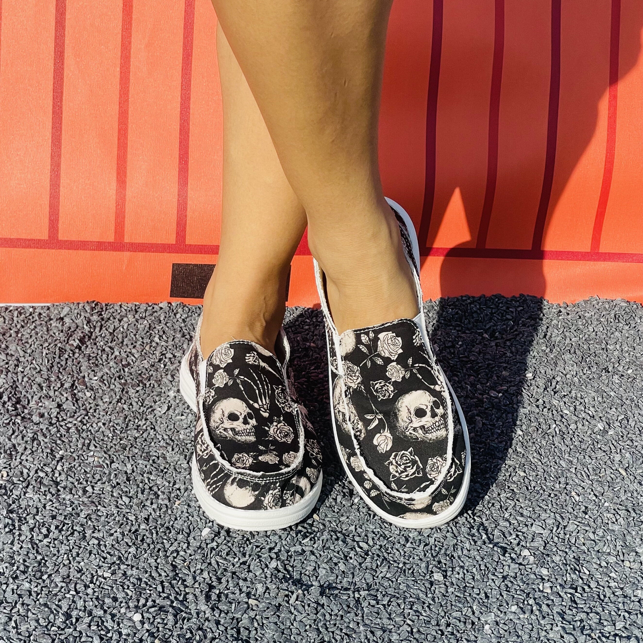 Floral & Skull Slip On Canvas Shoes Halloween Loafers