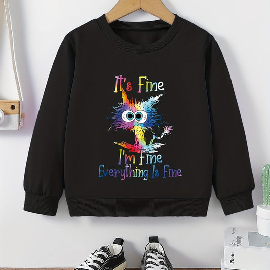 Girls Cat Graphic Sweatshirt - Comfy Casual Kids Active Pullover Top