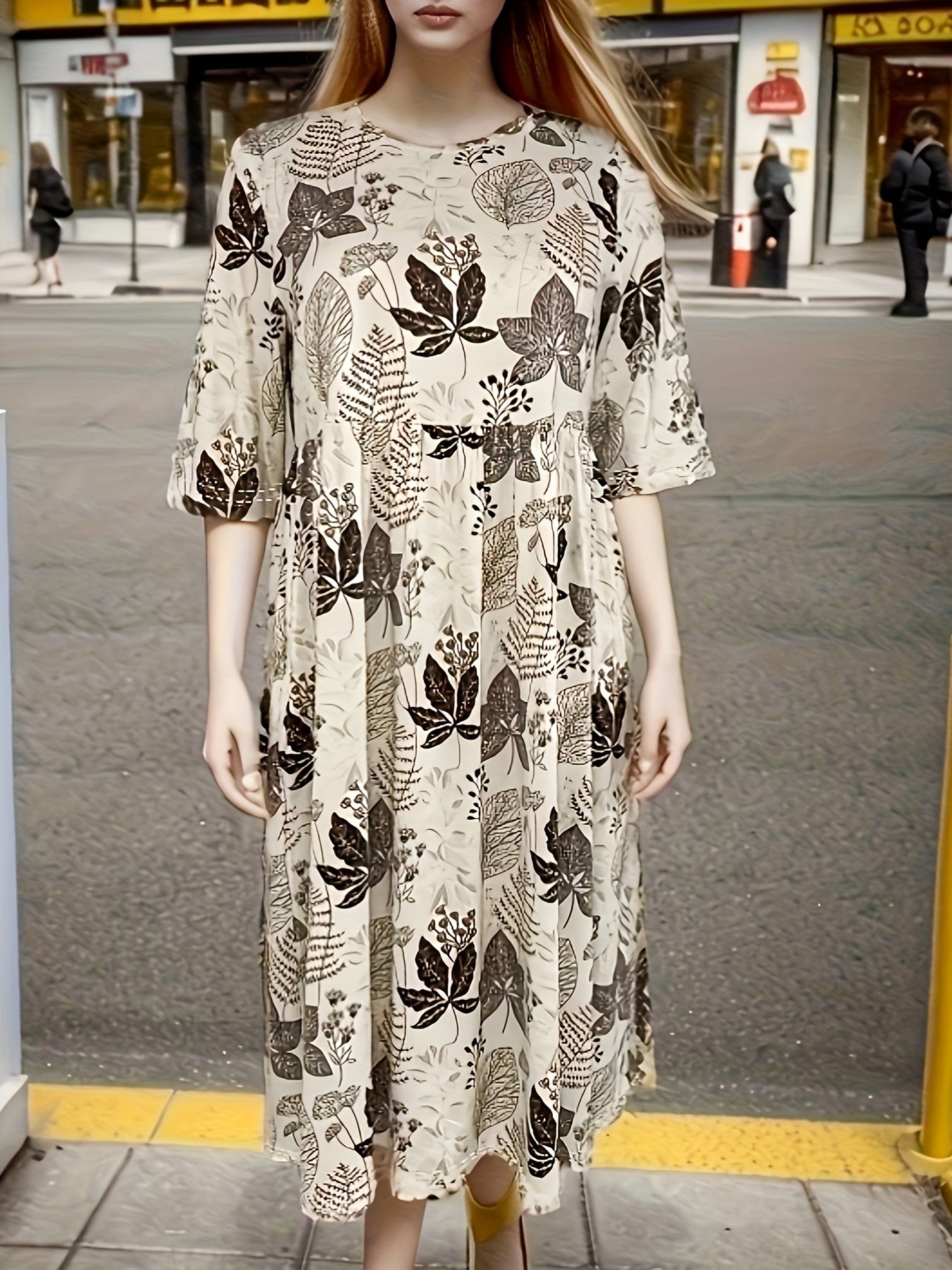  Leaf Print Half Sleeve Round Neck Dress