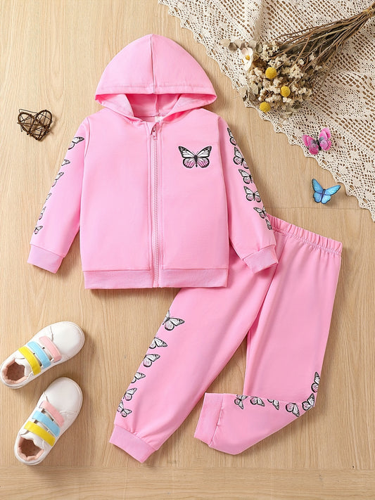 Girls 2pcs Hoodie Top & Sports Trousers Butterfly Print
