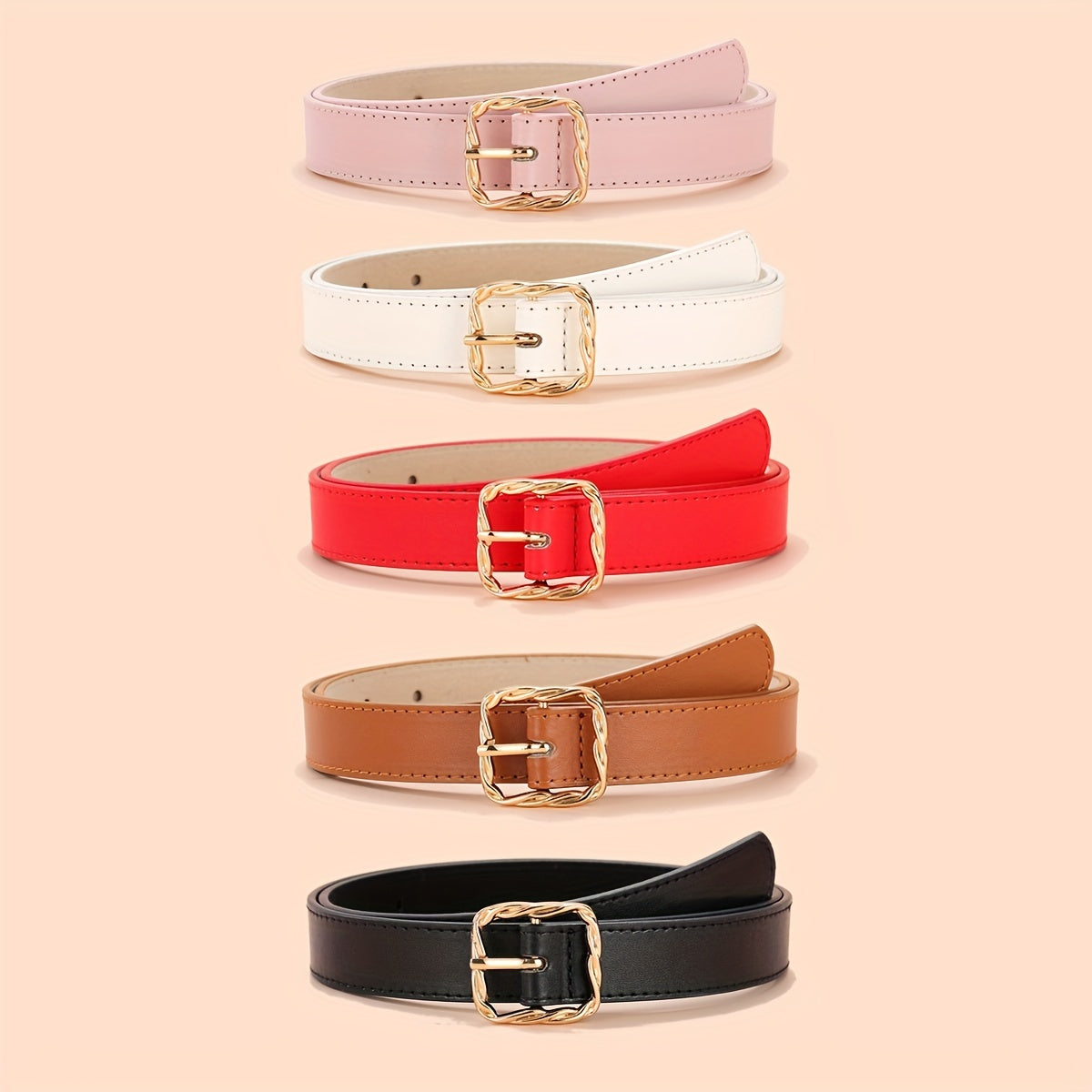 5pcs Solid PU Belt Square Twist Buckle Casual Waist Belts