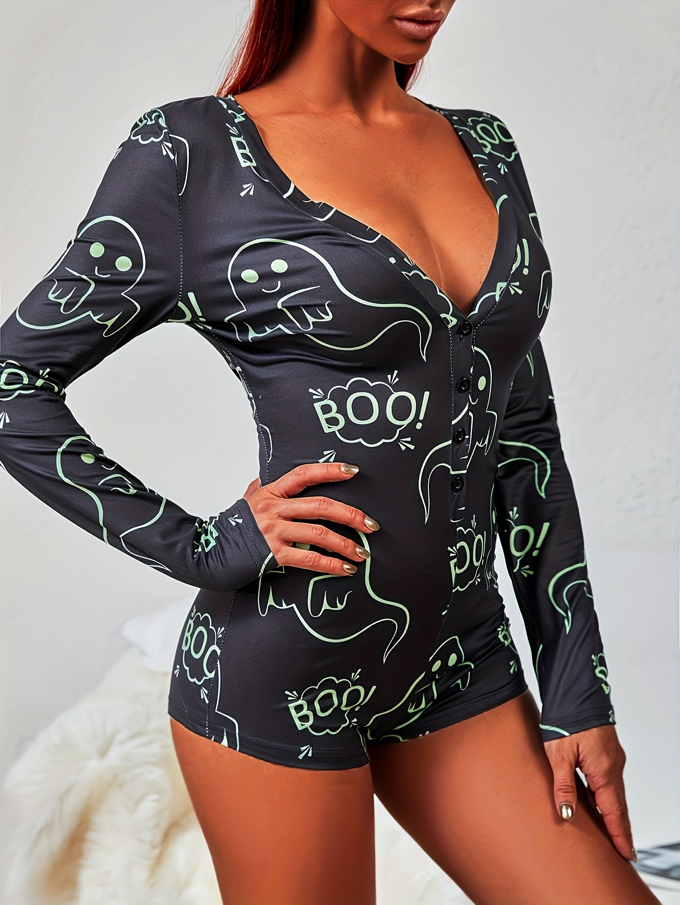 Halloween Ghost Print Pajama Romper Long Sleeve V Neck Buttons Pajamas