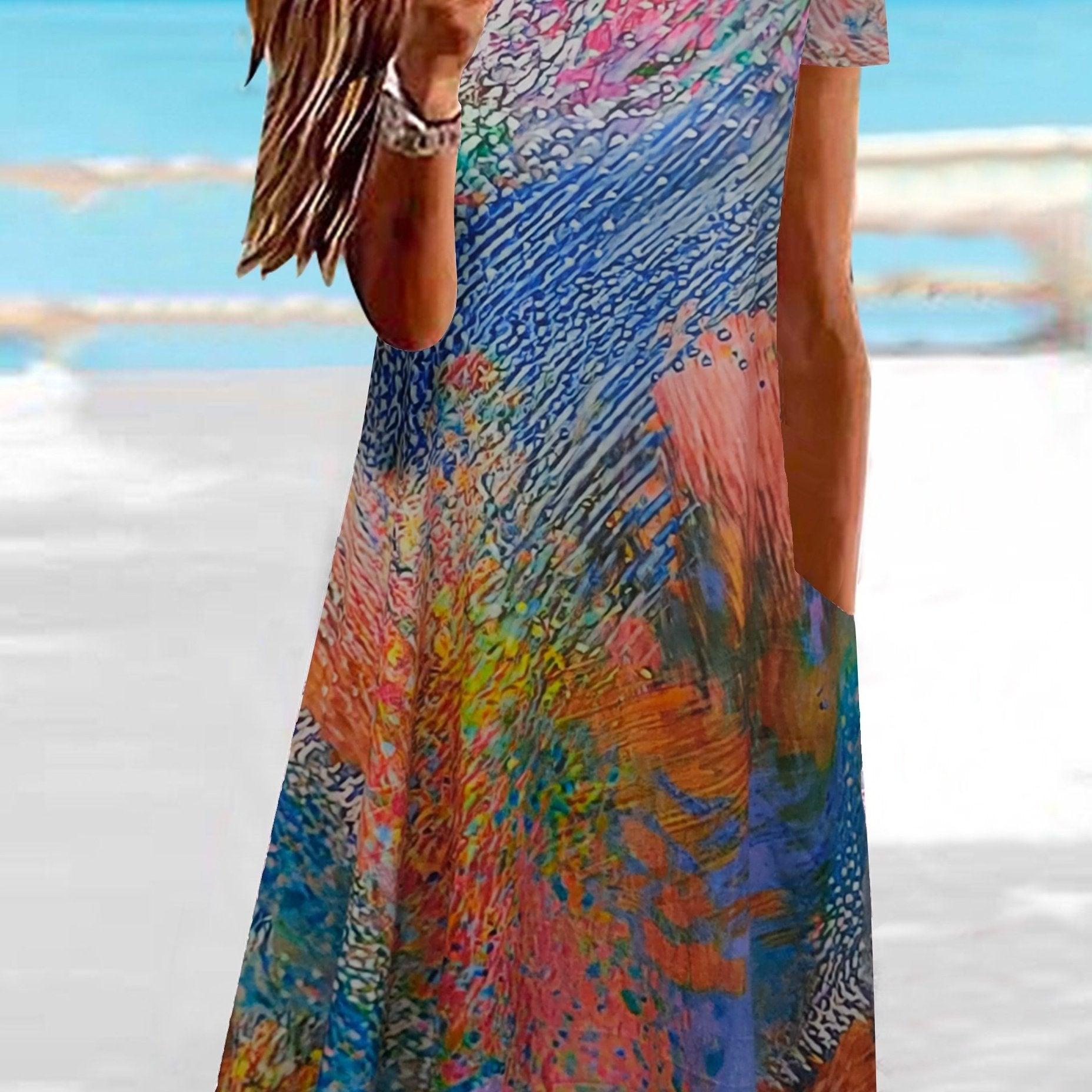  Boho Dress Round Neck Short Sleeve Tee Dress