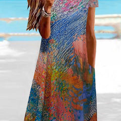  Boho Dress Round Neck Short Sleeve Tee Dress