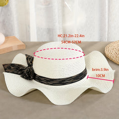 Boho Bow Ribbon Sunhat Wavy Edge Straw Hat Outdoor Sun Protection