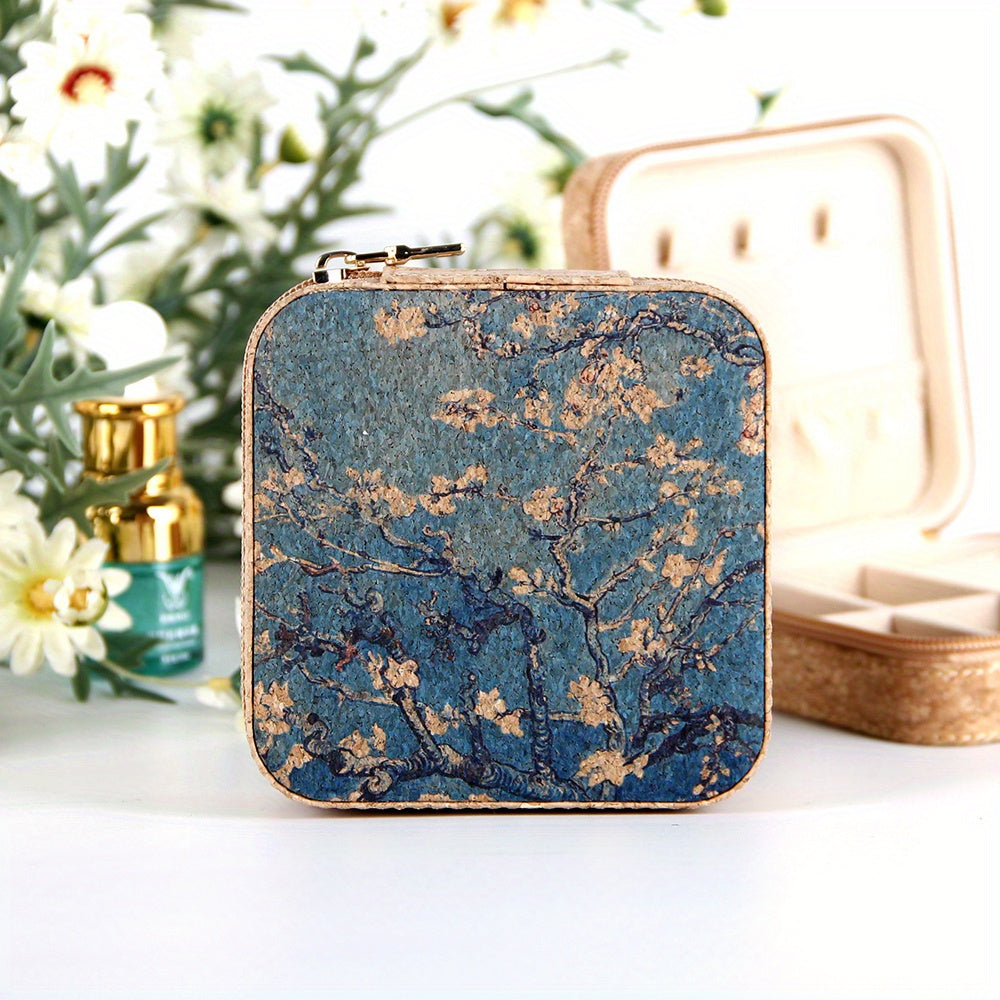 Vintage Painting Print Jewelry Box Zipper Portable Organizer