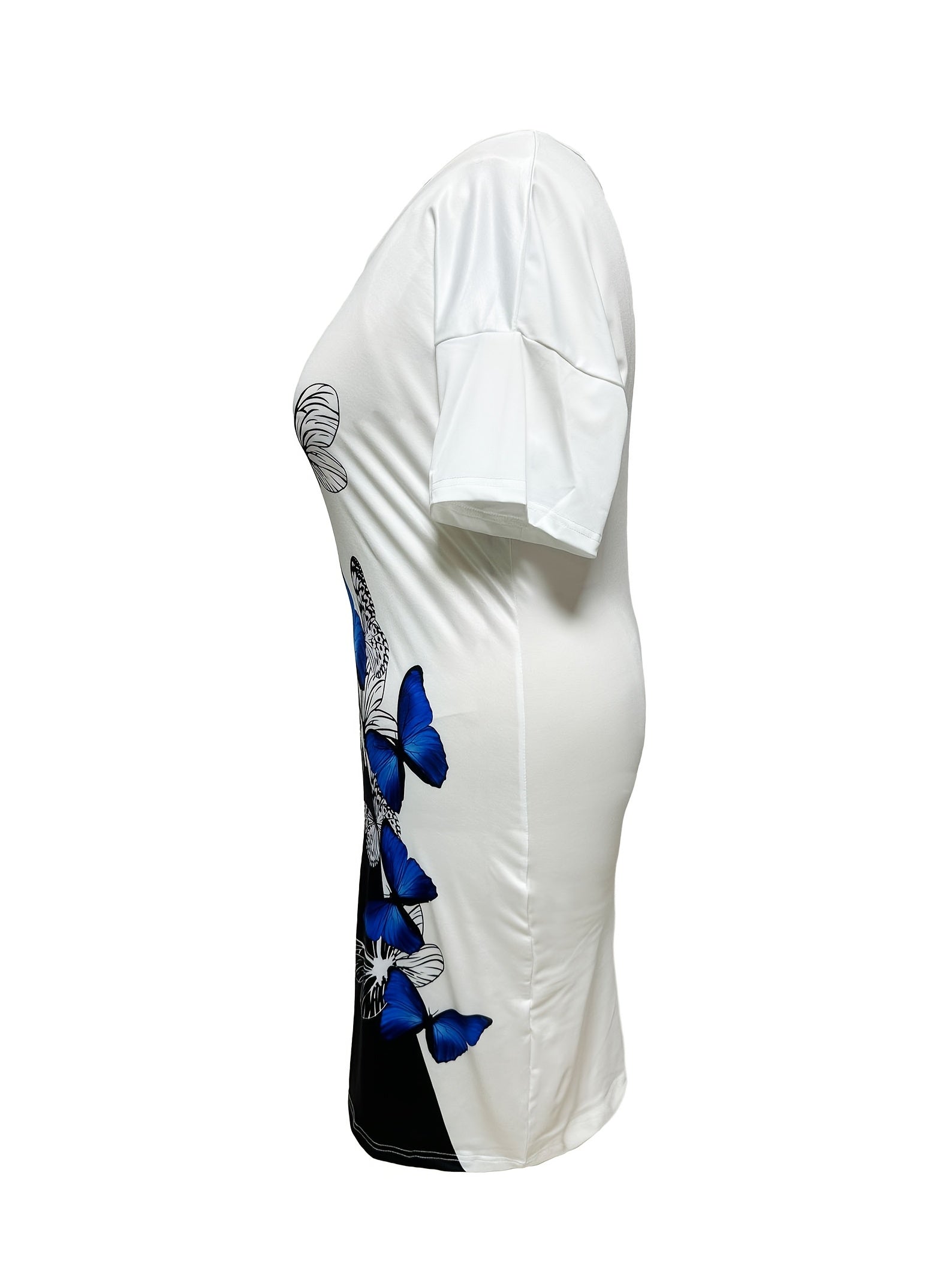  Colorblock Butterfly Print Short Sleeve V Neck Dress