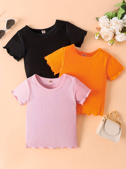Baby Girls Ruffle Trim T Shirt Short Sleeve Blouse Crew Neck Blouse