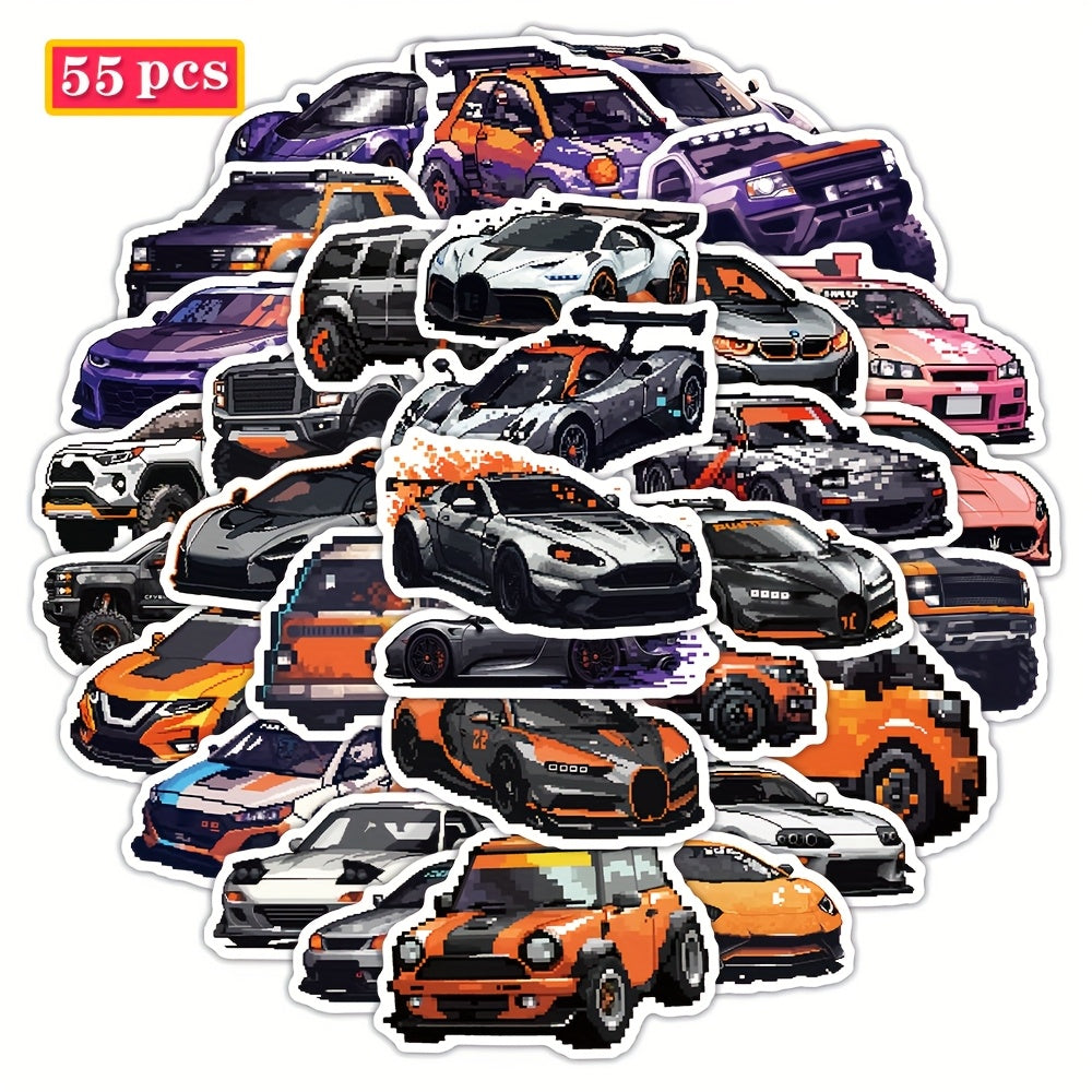 55 Colorful Pixelated Racing Car Stickers Self Adhesive Vinyl Decals