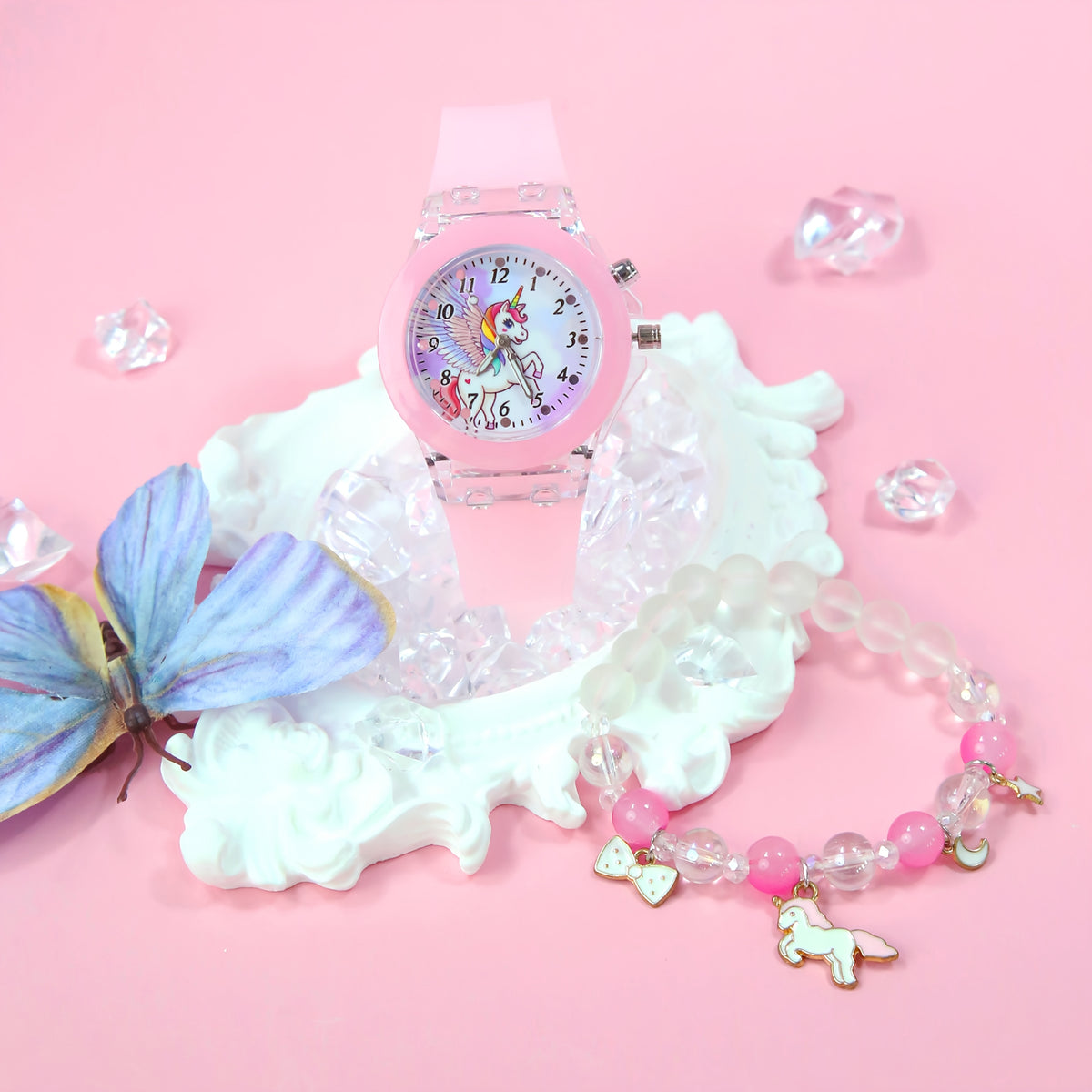 2pcs Girls' Quartz Watch Bracelet Set LED Glow Rainbow Unicorn Beaded Bracelet