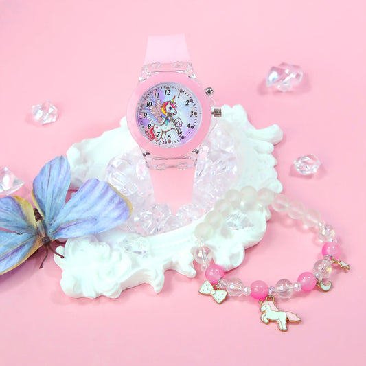 2pcs Girls' Quartz Watch Bracelet Set LED Glow Rainbow Unicorn Beaded Bracelet