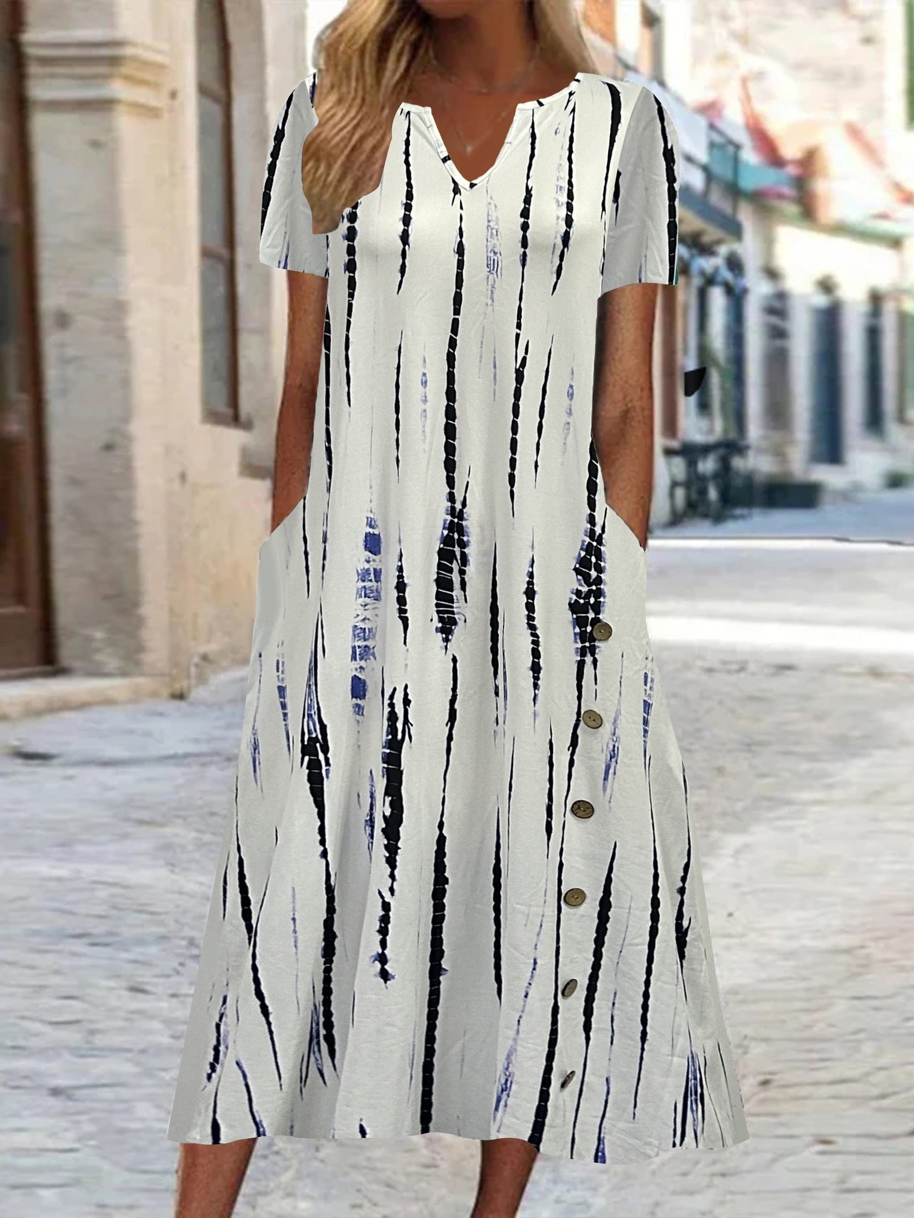  Tie Dye Button Decor Short Sleeve Dress