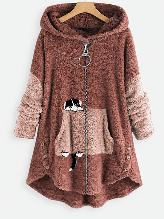 Cartoon Pattern Teddy Coat Zip Up Hooded Outerwear