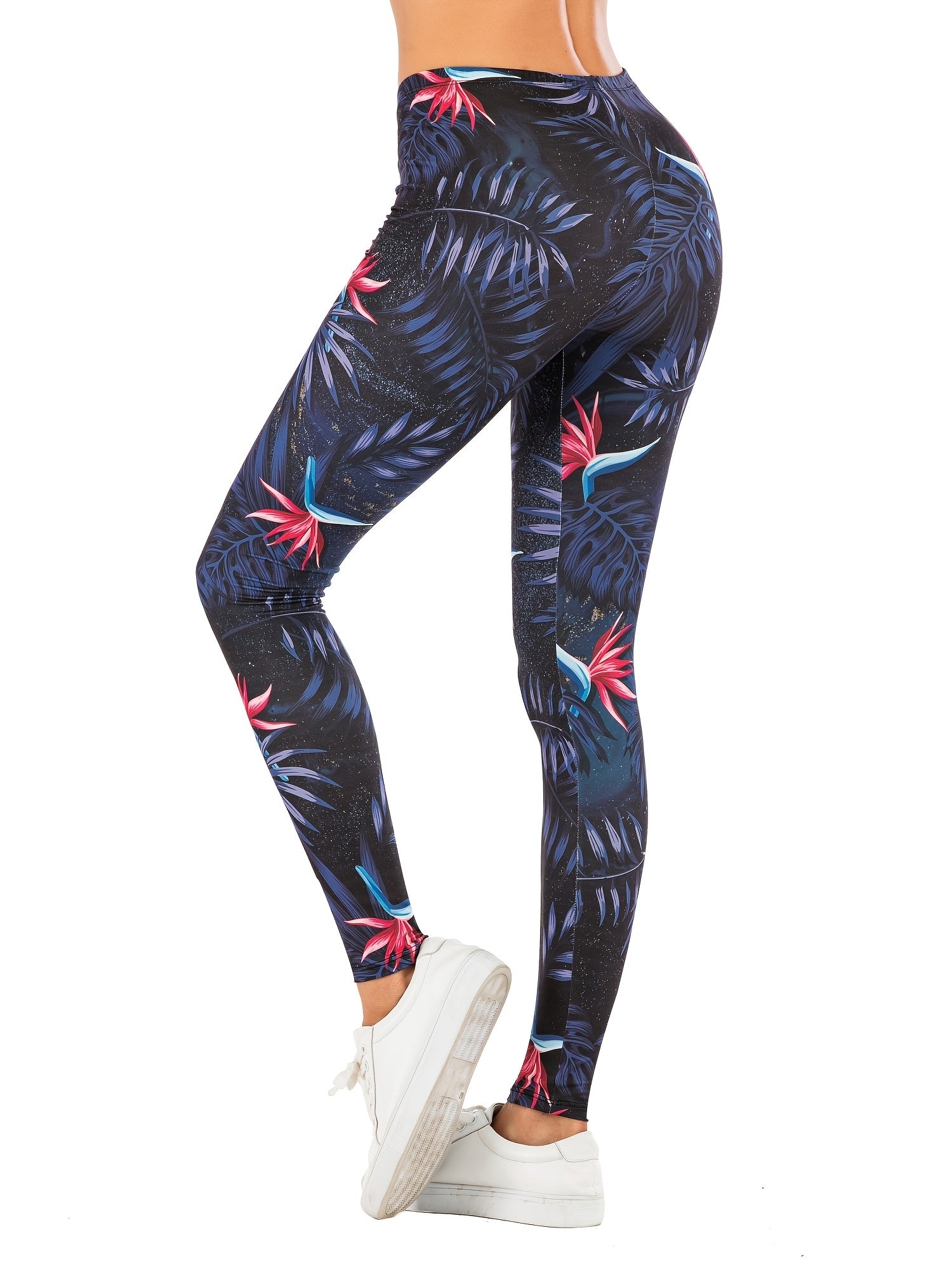 Night Flowers Print Slim Leggings for Women