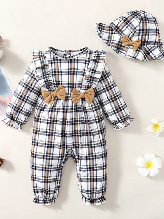 Christmas Baby Plaid Bowknot Jumpsuit & Hat Set