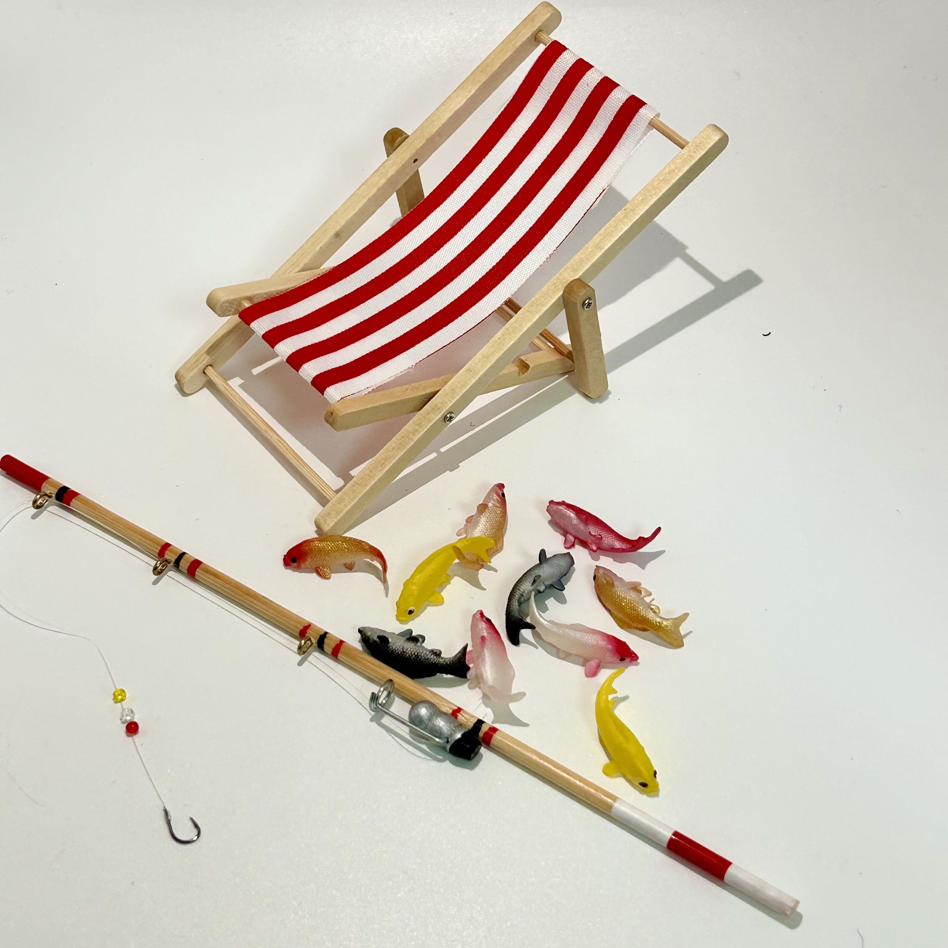 10pcs Dollhouse Fishing Set with Fish, Rod & Chair for Pretend Play