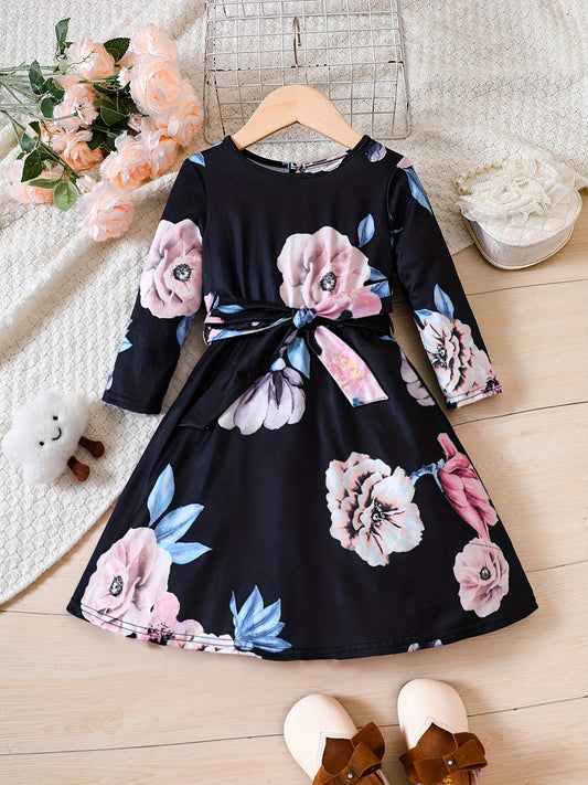 Floral Dress For Toddler Kid Girls Cropped Long Sleeve A line Belted Party
