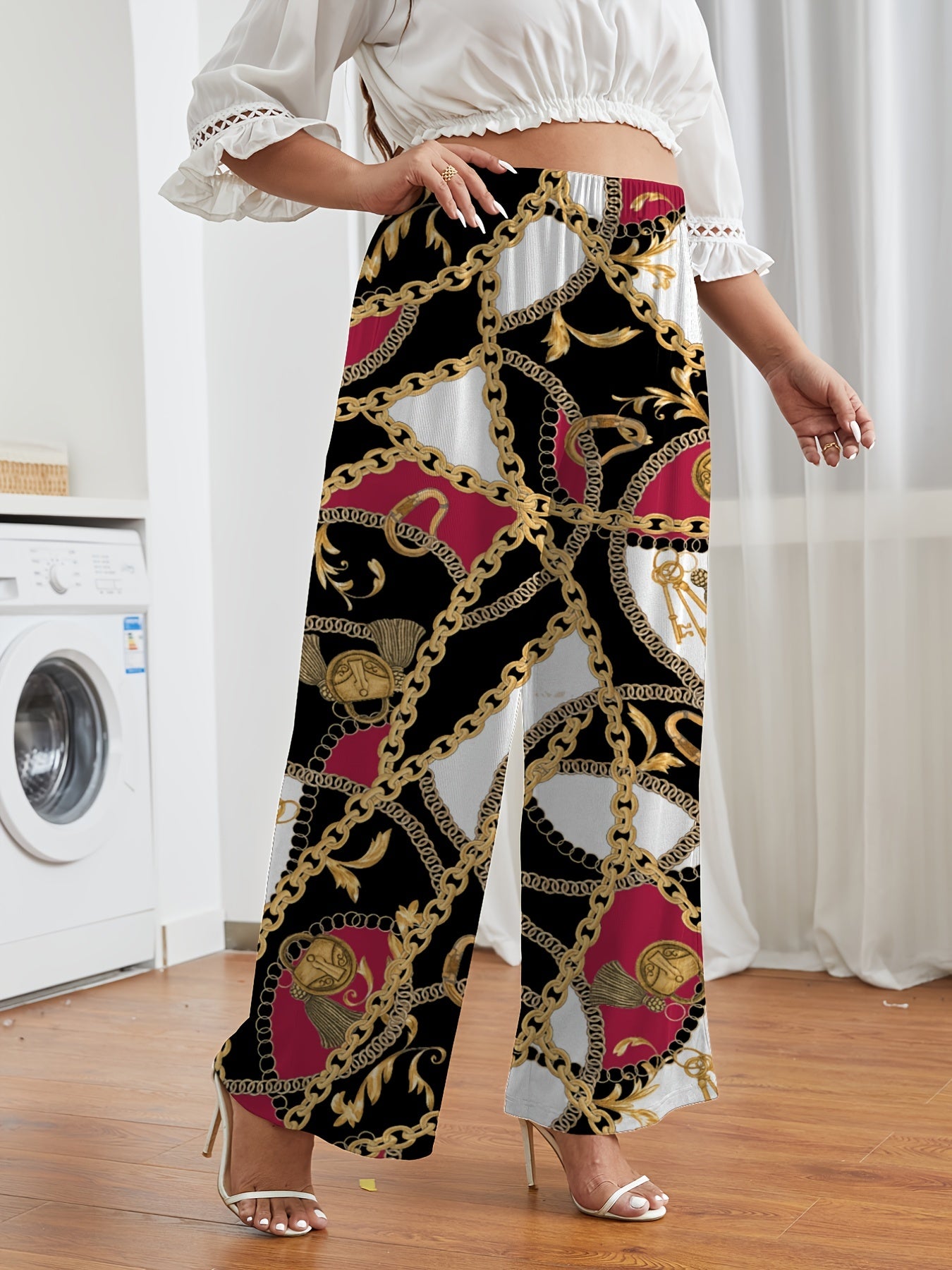 Women's Plus Chain & Lock Paisley Print Wide Leg Elastic Waist Pants