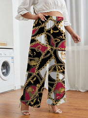 Women's Plus Chain & Lock Paisley Print Wide Leg Elastic Waist Pants