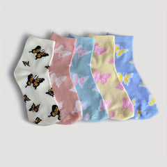 6 Pairs Butterfly Print Socks Comfy & Breathable Mid Tube Women's Stockings