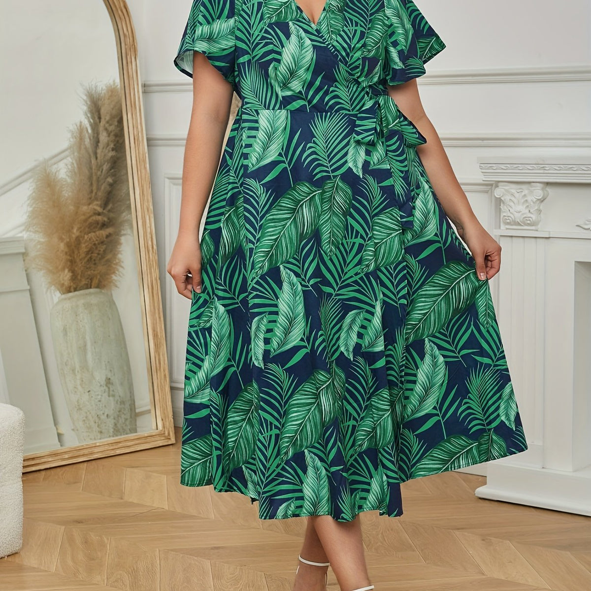  Tropical Print Flutter Sleeve Surplice Neck Dress