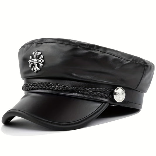 Gothic Cross Patch Beret PU Leather Sailor Hat