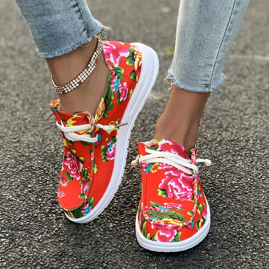 Chinese Flower Pattern Skate Shoes Lace-up Canvas