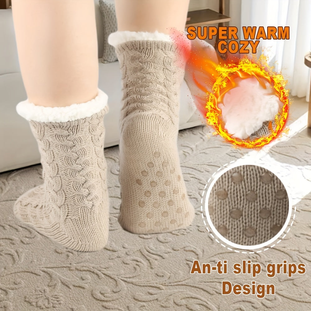 Winter Fleece Lined Mid Calf Socks With Grips