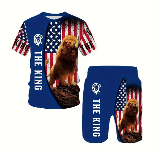 Lion & Flag Print 2-Piece Outfit for Men