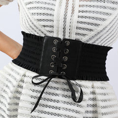 Women Stretch Buckle Corset Belt Wide Tassel Elastic High Waist Dress Belt