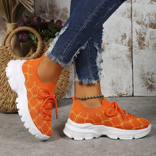 Women's Geometric Pattern Lace Up Sneakers Breathable Knit Chunky Shoes