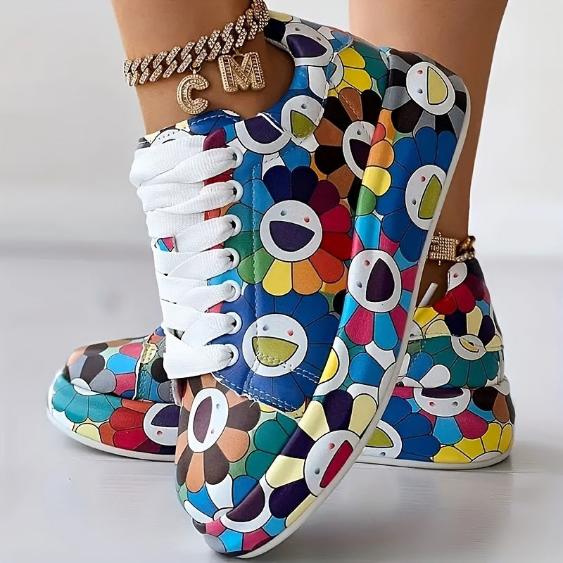 Women's Sunflower Print Lace-Up Platform Sneakers
