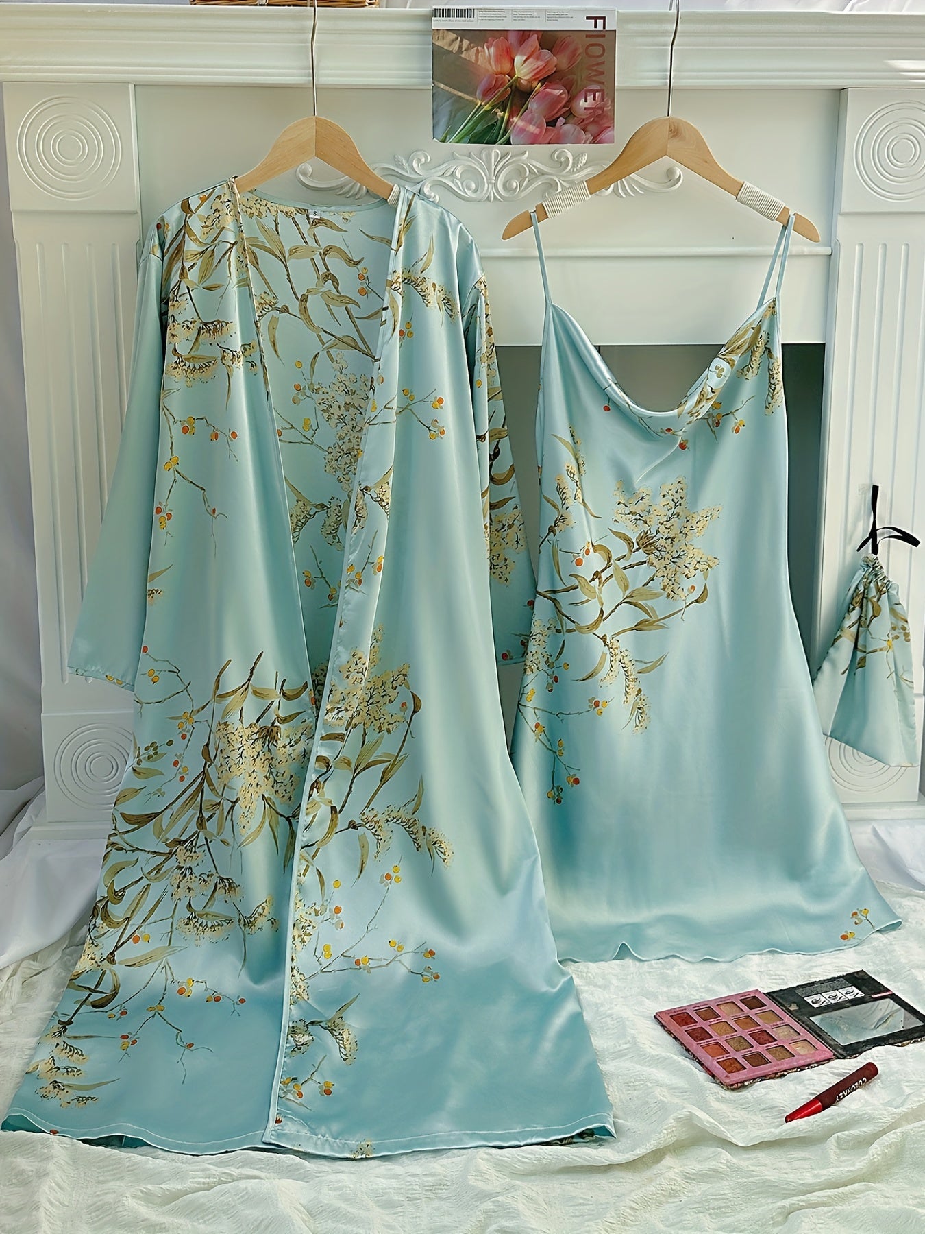 3pcs Cherry Print Pajamas Set Long Sleeve Robe & Cami Mini Dress & Storage Bag