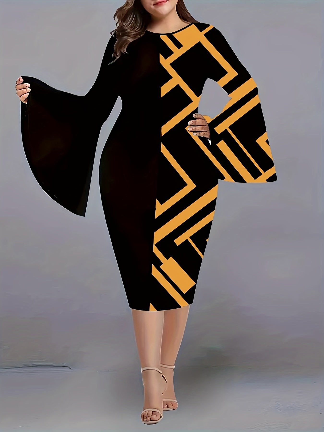  Colorblock Geometric Print Bell Sleeve Midi Dress