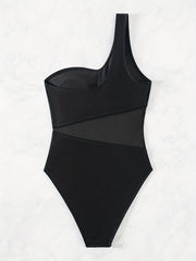Mesh Contrast One Shoulder One Piece Swimsuit Women's Swimwear