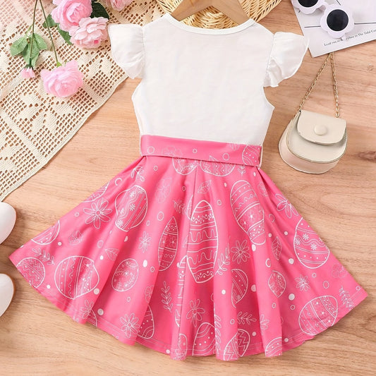Girls' Cartoon Print Flying Sleeve Dress For Party Going Out