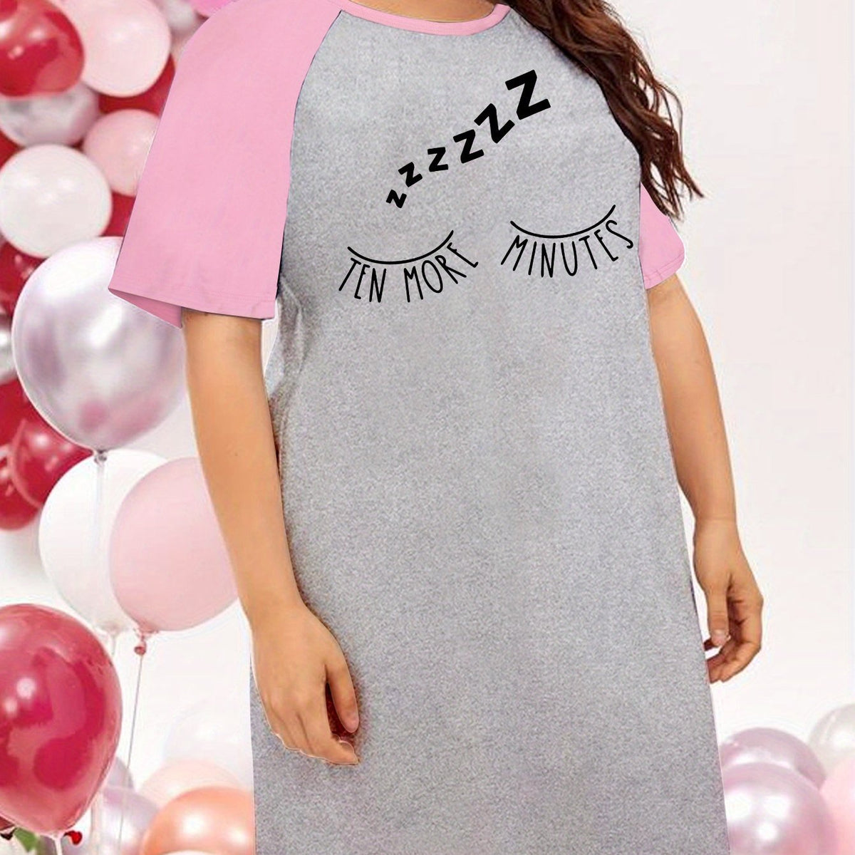  Casual Nightdress Women's Plus Eyelash Graphic Raglan Short Sleeve