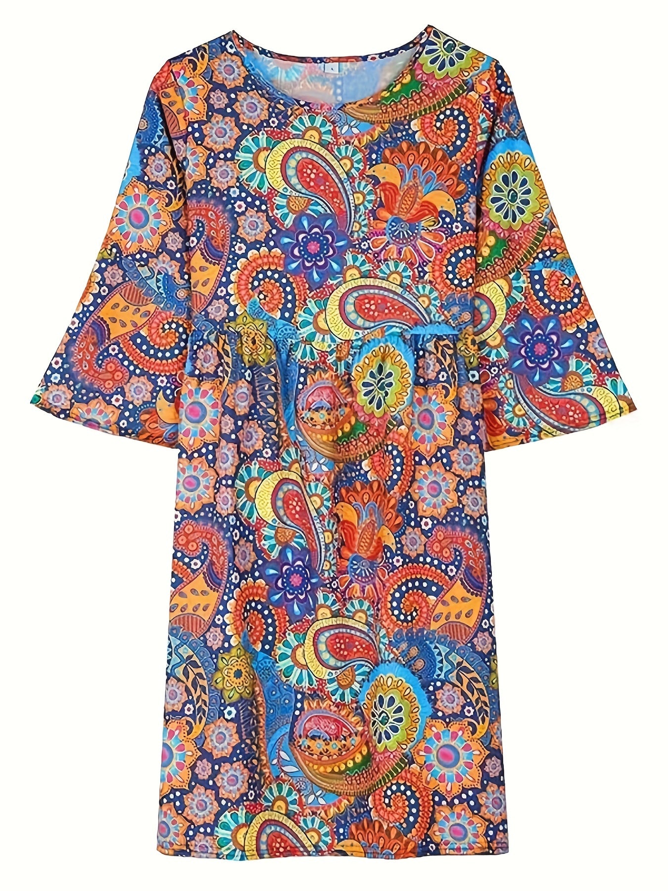  Paisley Print Bell Sleeve Round Neck Dress