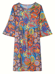  Paisley Print Bell Sleeve Round Neck Dress