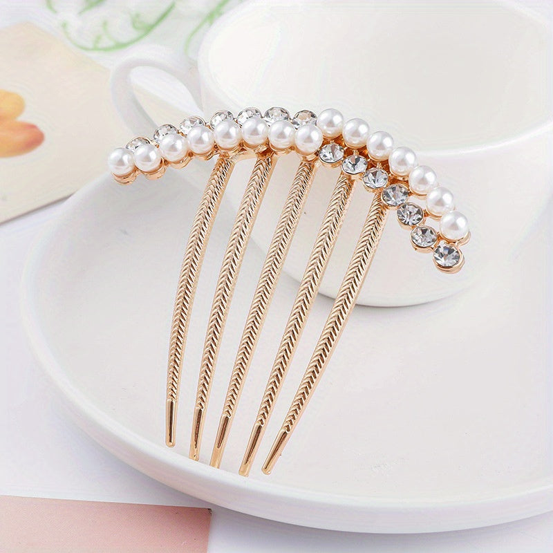 Rhinestone Faux Pearl Hair Comb Pin for Women